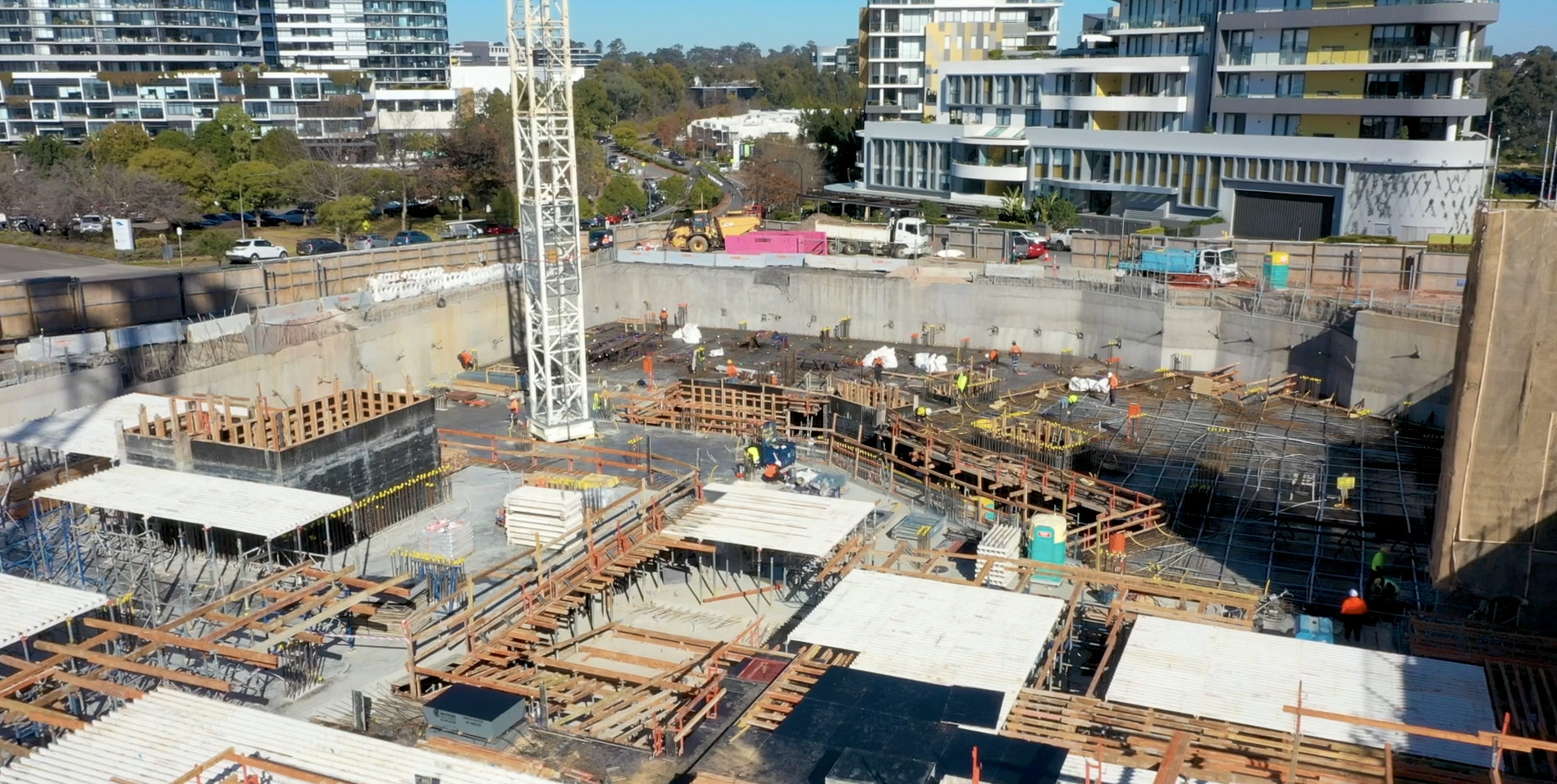 Aerial view of a construction site captured with time lapse camera construction technique.